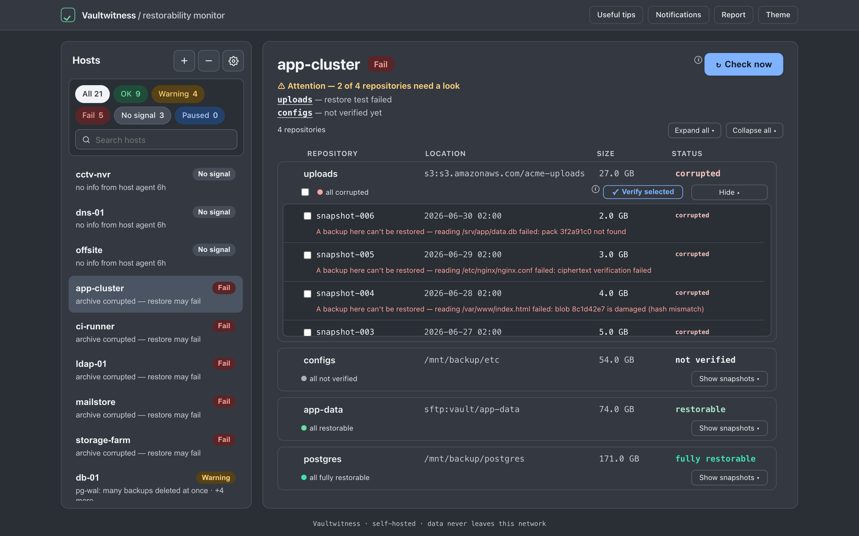 Vaultwitness dashboard: a repository whose backups can't be restored, with the reason for each snapshot